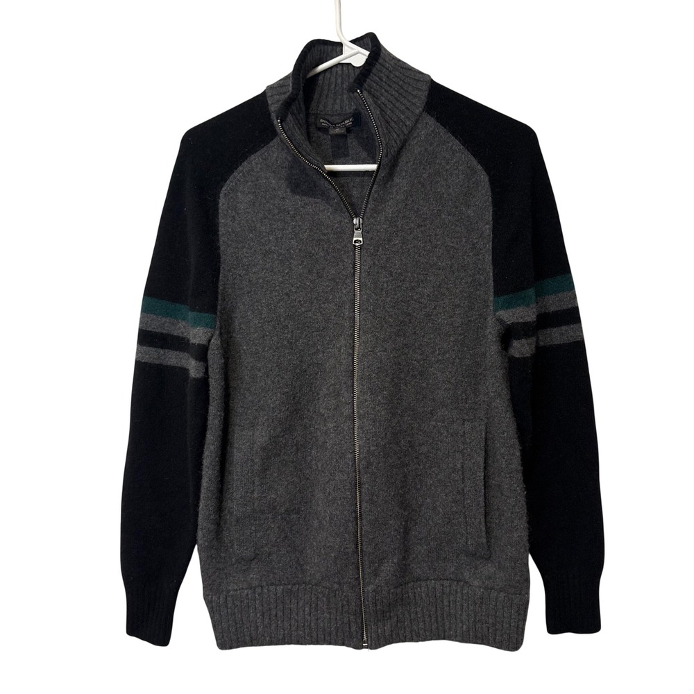 Banana Republic Full Zip Sweater Mens M Gray Black Wool Italian Yarn Stripe